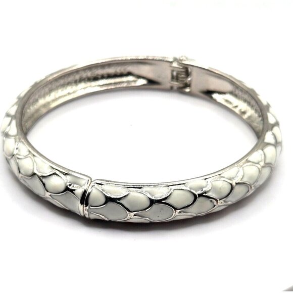 White Enamel and Silver Toned Hinged Cuff Bracelet Bangle Vintage Snake Design - Picture 2 of 4
